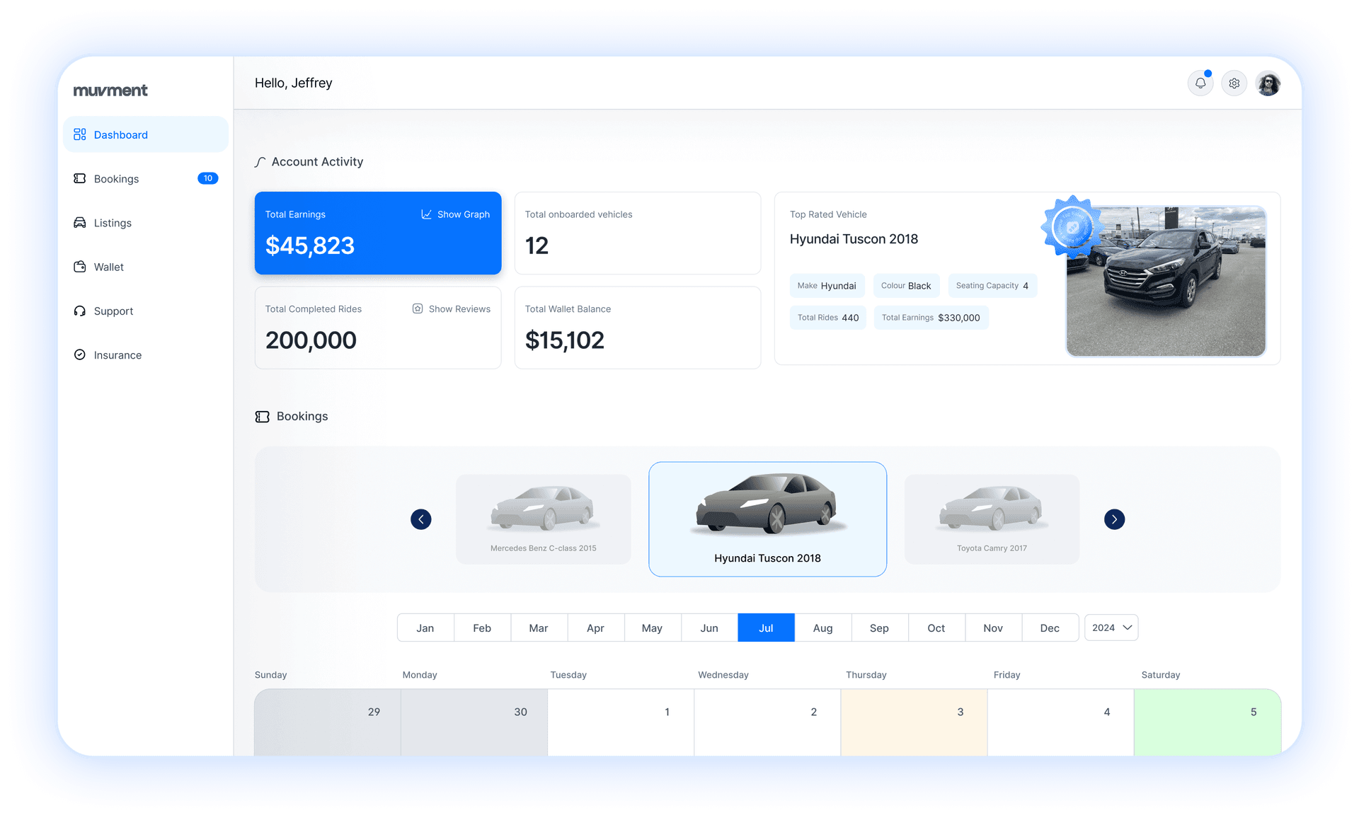 The Muvment host dashboard showing earnings and bookings